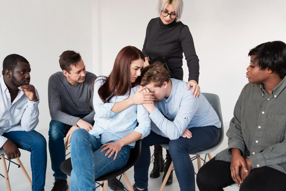 Therapist and other support group members consoling another member